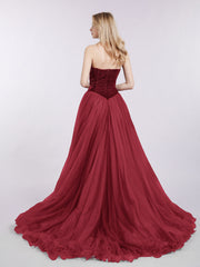Sweetheart Neck Tulle Dress with Train-Burgundy