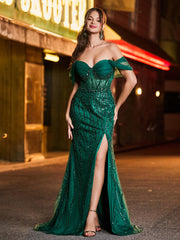 Off-the-shoulder Beaded Fishtail Maxi Dress with Side Slit Dark Green
