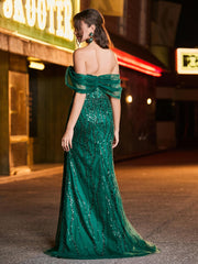 Off-the-shoulder Beaded Fishtail Maxi Dress with Side Slit Dark Green