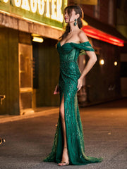 Off-the-shoulder Beaded Fishtail Maxi Dress with Side Slit Dark Green