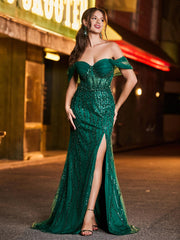 Off-the-shoulder Beaded Fishtail Maxi Dress with Side Slit Dark Green