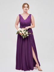 V Neck Chiffon And Lace Dress with Slit Grape Plus Size