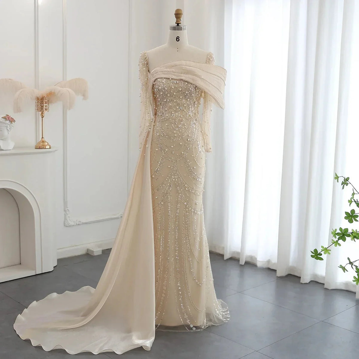 Vintage Shiny Beaded Long-sleeve Mermaid Long Prom Dress Evening Dress HZ1024