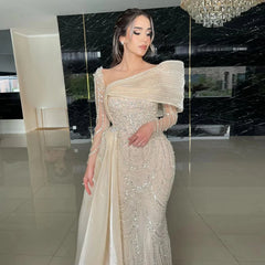 Vintage Shiny Beaded Long-sleeve Mermaid Long Prom Dress Evening Dress HZ1024