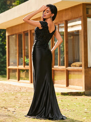 Beaded Corset Bodice Mermaid Satin Gown Black