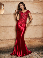 Beaded Corset Bodice Mermaid Satin Gown Burgundy