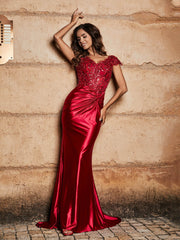 Beaded Corset Bodice Mermaid Satin Gown Burgundy