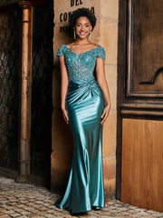 Beaded Corset Bodice Mermaid Satin Gown Jade
