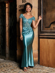 Beaded Corset Bodice Mermaid Satin Gown Jade