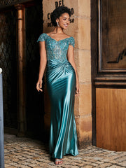 Beaded Corset Bodice Mermaid Satin Gown Jade