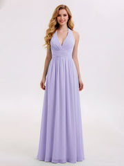 Halter V Neck Chiffon Bridesmaid Gown-Lilac
