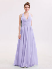 Halter V Neck Chiffon Bridesmaid Gown-Lilac