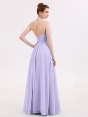 Halter V Neck Chiffon Bridesmaid Gown-Lilac