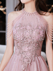 Pink Beaded Tulle Short Homecoming Dress, Pink Prom Dress Party Dress