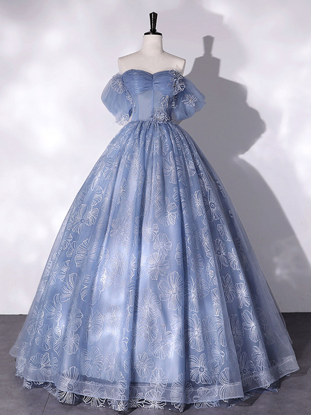 Blue A-Line Tulle Lace Long Prom Dress, Blue Formal Graduation Dress