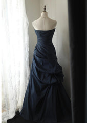 Elegant Navy Blue Vintage Style Taffeta Long Prom Dress, Navy Blue Party Dress