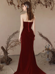 Mermaid Velvet Burgundy Long Prom Dress, Burgundy Long Formal Dress
