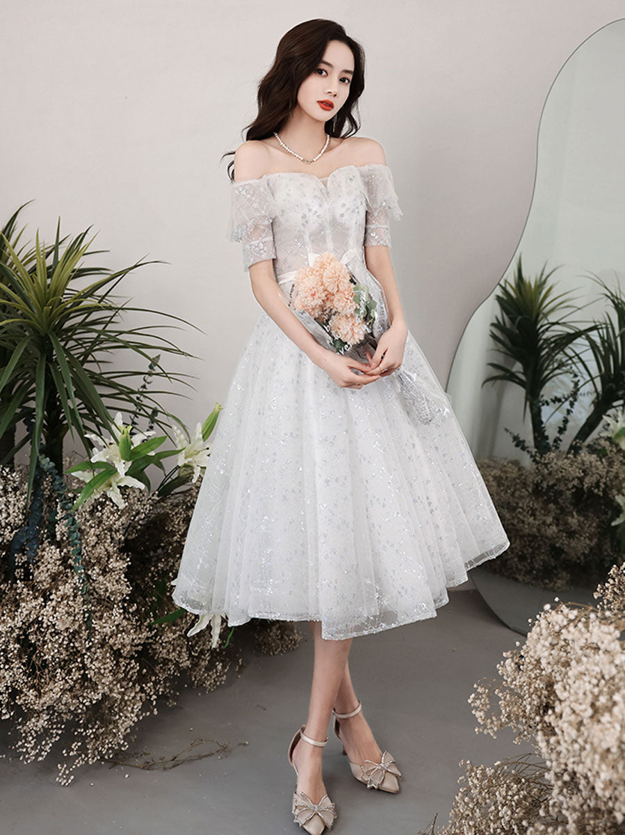 White tulle off shoulder sequin short prom dress white homecoming dress