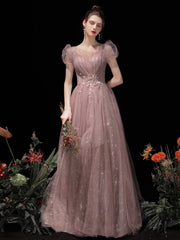 Pink Tulle Short Sleeves A-line Floor Length Formal Dress, Pink Cute Long Prom Dress