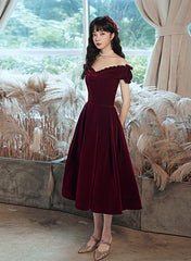 Wine Red Off Shoulder Velvet Tea Length Party Dress, Velvet Prom Dress Homecoming Dress