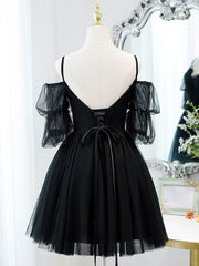 Black A-Line Tulle Lace Short Prom Dress, Black Homecoming Dresses