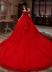 Red Tulle Sweetheart Ball Gown Beaded Long Formal Dress, Red Tulle Sweet 16 Dress