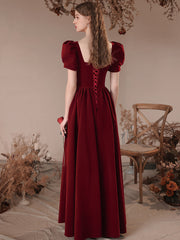 Wine Red Short Sleeves A-line Velvet Party Dress, Wine Red Bridesmaid Dress