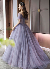 Purple Beaded Tulle Ball Gown Formal Dress, Off Shoulder Sweet 16 Formal Dress