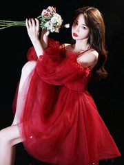 Red sweetheart neck tulle short prom dress cute homecoming dress