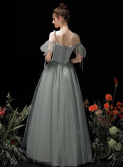 Light Green Tulle and Satin Party Dress, A-line Long Prom Dress Formal Dress