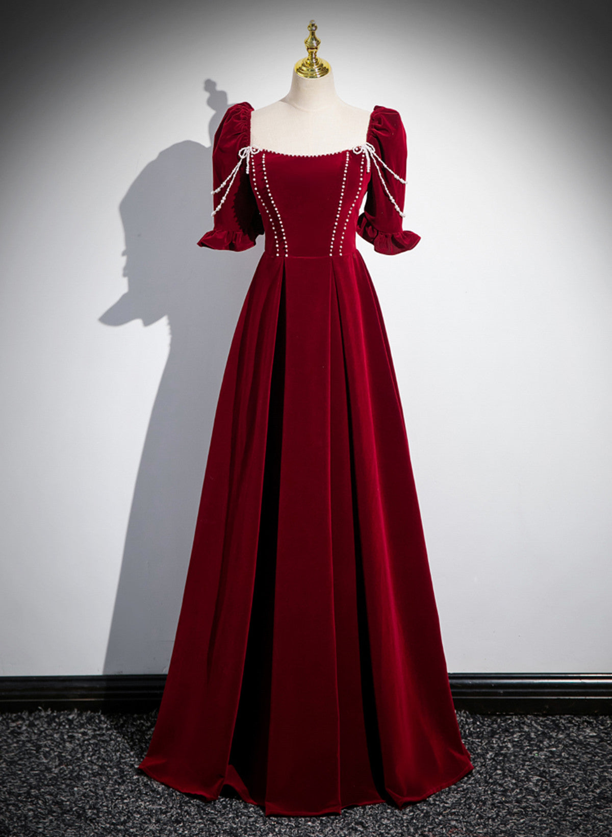 Wine Red Velvet Short Sleeves Long Prom Dress, Wine Red A-line Evening Dress
