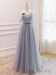 Gray A-Line Tulle Long Prom Dresses, Gray Formal Evening Dresses