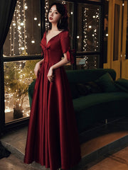 Burgundy Satin Short Sleeves A-line Floor Length Prom Dress, Burgundy Party Dress