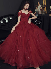 Wine Red Tulle Straps Sweetheart Long Party Dress, Wine Red A-line Prom Dress