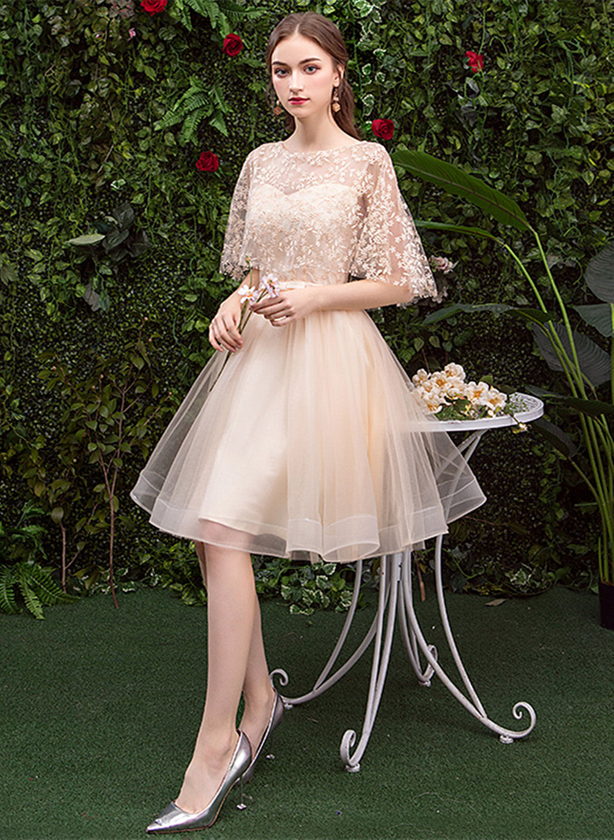 Light Champagne Short Tulle with Lace Party Dress, Tulle Homecoming Dress Prom Dress