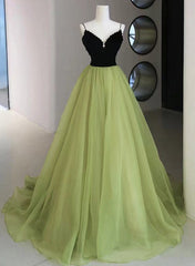 A-line Green and Black Long Beaded Party Dress, Green Long Formal Dress