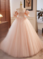 Pink Tulle and Satin Beaded Sweetheart Long Formal Dress, Pink Sweet 16 Dress