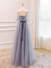 Gray A-Line Tulle Long Prom Dresses, Gray Formal Evening Dresses