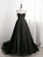 Black Sweetheart Tulle Straps Long Evening Dress, Black Formal Dress Party Dresses