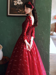 Wine Red Tulle with Lace A-line Beaded Long Party Dress, Wine Red Evening Dress