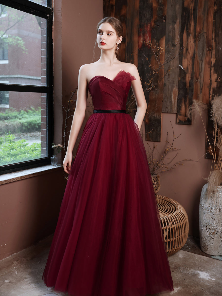 Burgundy Long Prom Dresses, A Line Burgundy Formal Wedding Party Dress