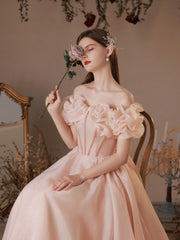 Pink tulle off shoulder tea length prom dress, pink formal dress