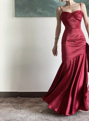 Wine Red Satin Sweetheart Straps Prom Dress, Wine Red Long Evening Dress