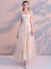 Light Champagne A-line Tulle Long Evening Dress, Light Champagne Prom Dress