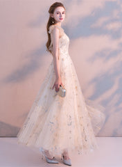 Light Champagne A-line Tulle Long Evening Dress, Light Champagne Prom Dress