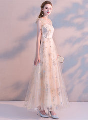 Light Champagne A-line Tulle Long Evening Dress, Light Champagne Prom Dress