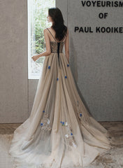 Champagne Sweetheart Beaded and Lace Long Party Dress, A-line Champagne Prom Dress