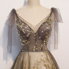 Lovely Champagne V-neckline Tulle Long Prom Dress Party Dress, Formal Gown