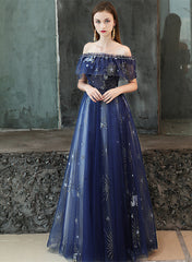 Navy Blue Off Shoulder A-line Long Party Dress, Blue Tulle Prom Dress Evening Dress