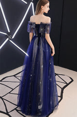Navy Blue Off Shoulder A-line Long Party Dress, Blue Tulle Prom Dress Evening Dress